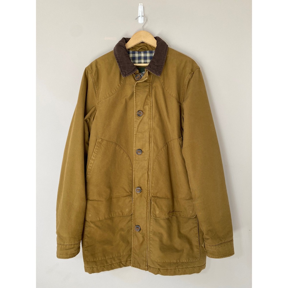 Eddie Bauer Mens Barn Coat Field Jacket Tan Plaid Lined Corduroy Collar TALL L